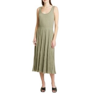 Vince Scoop Neck Pleated Midi Tank Dress in Moss Green Size M
